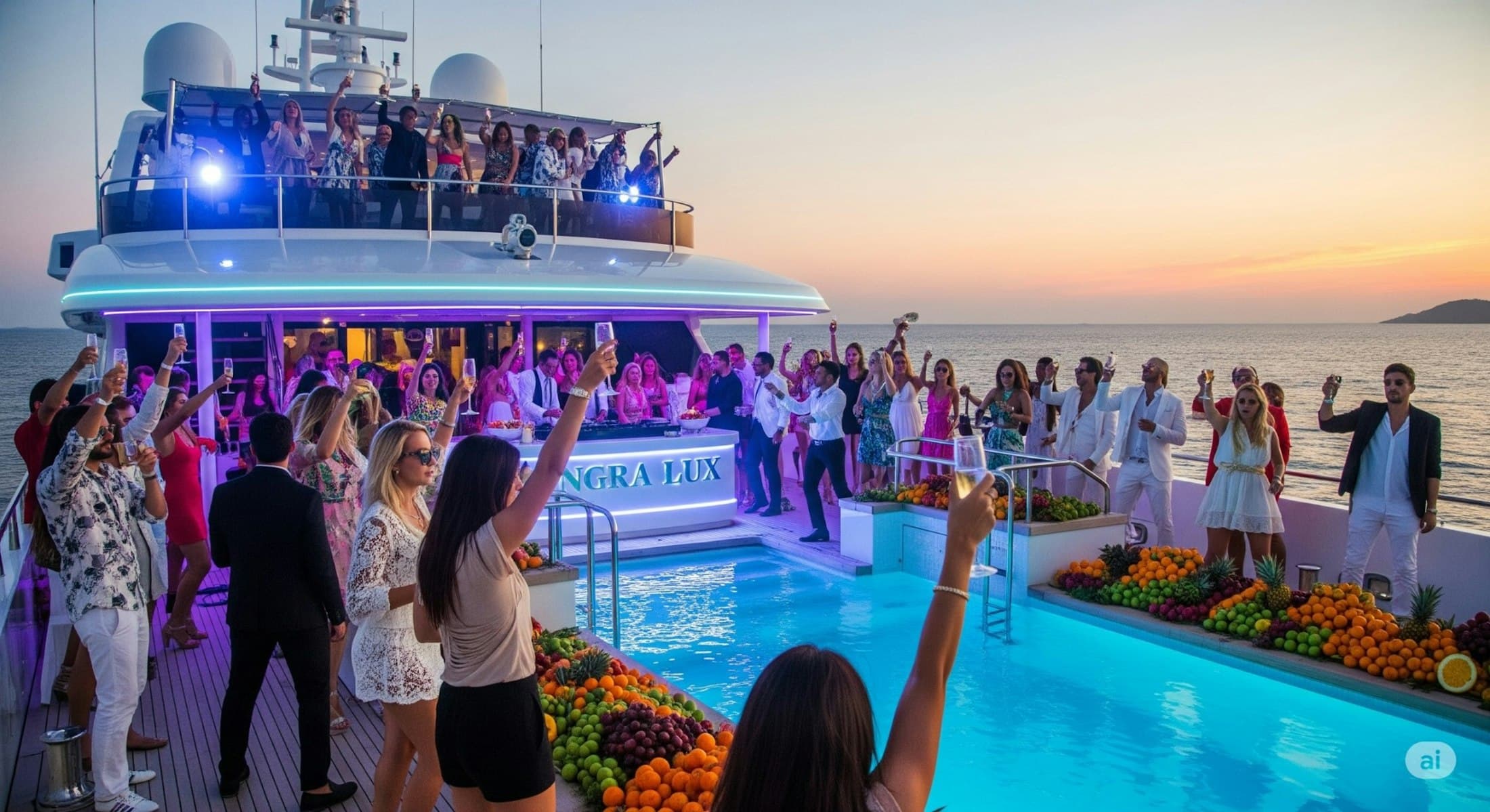 Gäste feiern auf dem Pooldeck einer Yacht bei Abendlicht